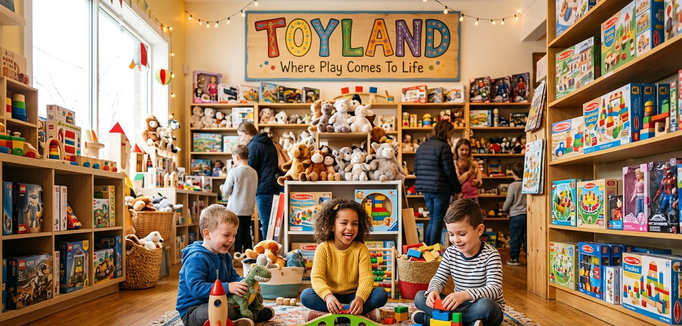 Children playing with toys in a toy store named 'Toyland'.